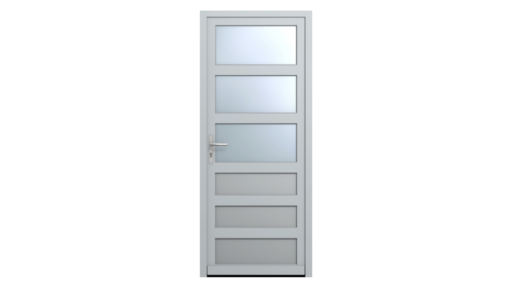 Porte d'entrée bois INDUS 3 Porte d'entrée grise 3 rectangles vitrés et 3 rectangles pleins